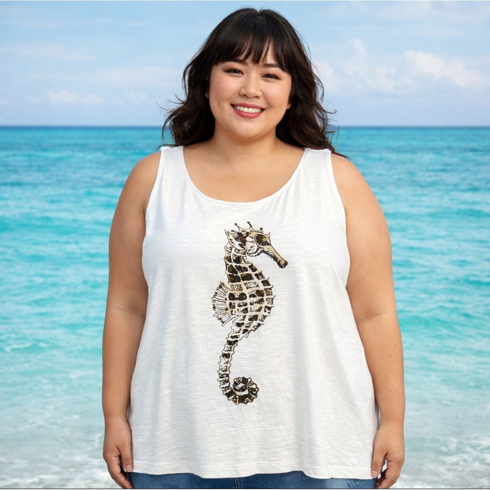 J. Jill Seahorse Tank Sequin Slub Knit Cotton XL Petite Ivory Beachy Coastal